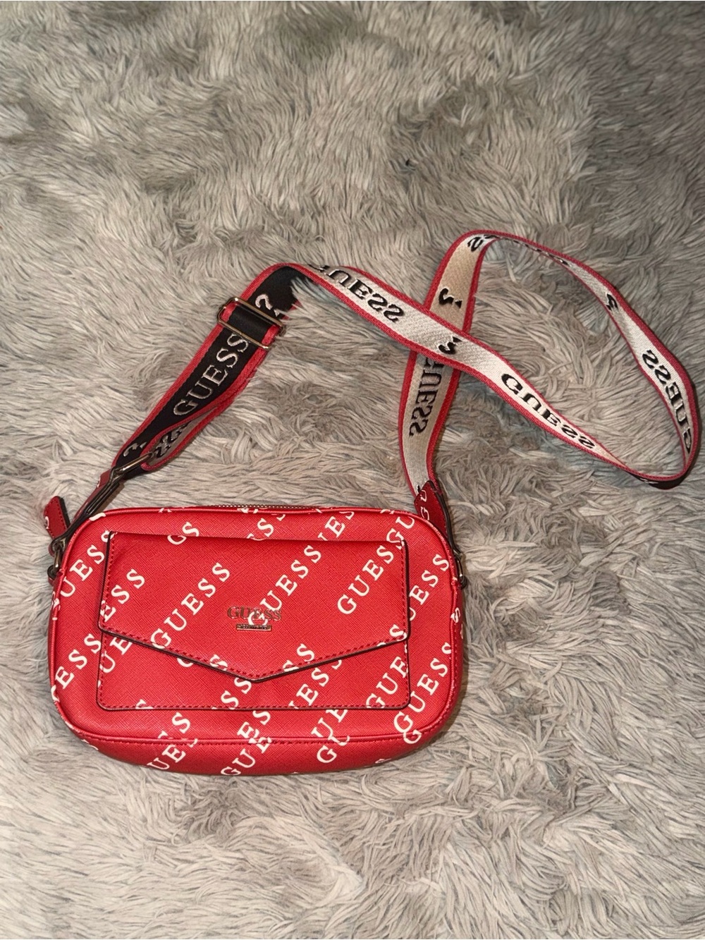 GUESS Red Logo Print Crossbody with Branded Strap